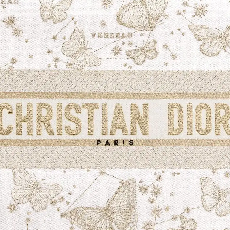Dior Outlet Canvas Tote Dior Motif Gold Butterfly Zodiac White Book 0509
